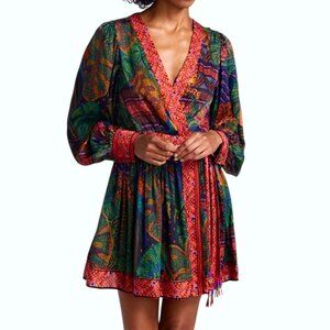 FARM Rio Tropical Floral Print Forest Tapestry Mini Wrap Dress Long Sleeves Sz M